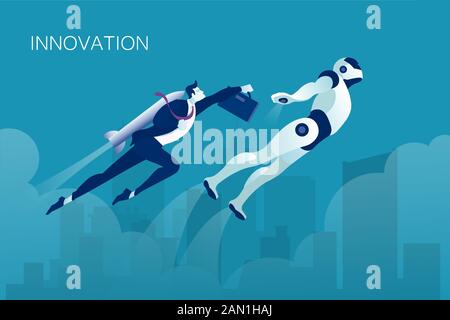 Vector of a businessman and robot team working flying up Stock Vector