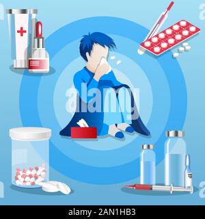 Vector of a sick sneezing man with seasonal allergy, runny nose and treatment options Stock Vector