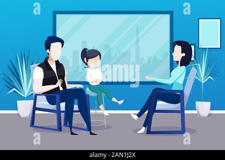 Vector of a father and his child sitting on a chair and talking with psychotherapist. Child counseling concept Stock Vector