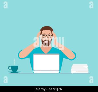 Vector of a stressed young man working on a laptop computer Stock Vector