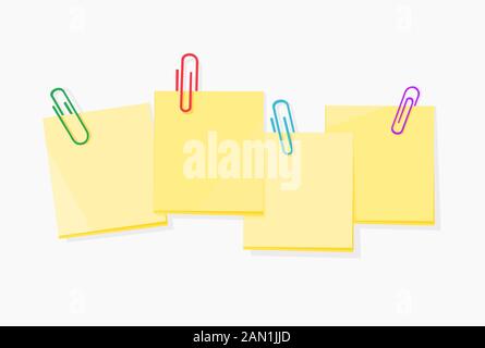 Vector of a colored paperclips with blank yellow notepaper on white background Stock Vector