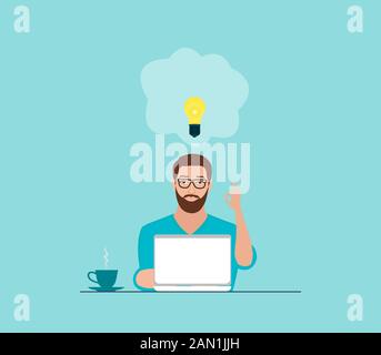 Vector of a man with idea working on laptop computer Stock Vector