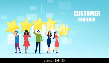 Vector of people raising up five stars. Customer review and feedback concept Stock Vector