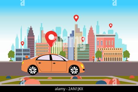 Vector of a car with location pin on a road on a cityscape background Stock Vector