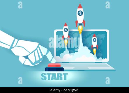 Vector of a robot hand pushing the start button to launch rockets from laptop. Technology startup concept Stock Vector