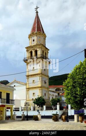 Greece, Zakynthos Island, medieval bell tower of pilgrimage church Holy Mavra Stock Photo