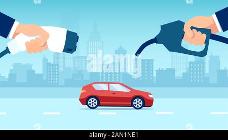 Vector concept electric vs gasoline car choice on a city building skyline background. Stock Vector