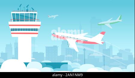 Vector of an airport control tower and airplanes taking off and landing on city skyline background