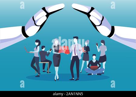 Vector of businesspeople using mobile devices being protected by robot hands Stock Vector