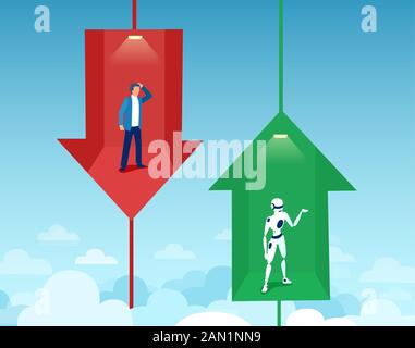 Vector of a ai competing with a human for a job position. Growth of automation in modern businesses concept Stock Vector