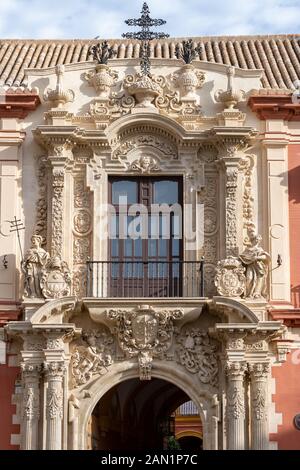 Lorenzo Fernández de Figueroa and Diego Antonio Díaz's 18th C. Spanish Baroque style portal of the Archbishop's Palace in Plaza Virgen de los Reyes Stock Photo