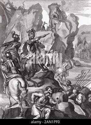 Hannibal and his army crossing the Alps in 218 BC during the Second Punic War.  The men pouring liquid from barrels (top and bottom of picture) recreate a part of Livy’s account of the march in which Hannibal used vinegar and fire to break through a rockfall.  After a 17th century engraving by Antony van der Does. Stock Photo