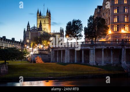 Evening view of Bath Abbey from across River Avon, Bath, Somerset, England Stock Photo