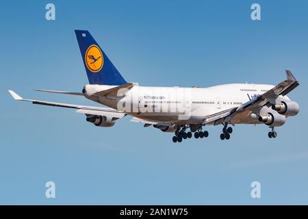 Frankfurt, Germany - June 8, 2018: Lufthansa Boeing 747 airplane at Frankfurt airport (FRA) in the Germany. Boeing is an aircraft manufacturer based i Stock Photo