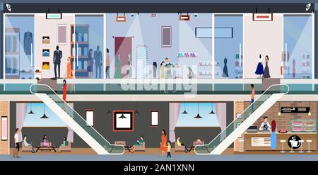Vector of a shopping mall with customers buying clothes or relaxing in a bar Stock Vector
