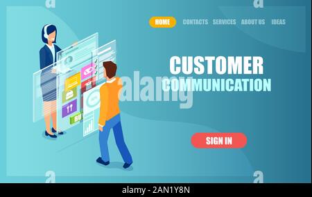 Vector of a man customer managing his online profile in a mobile application being helped by virtual client assistant Stock Vector