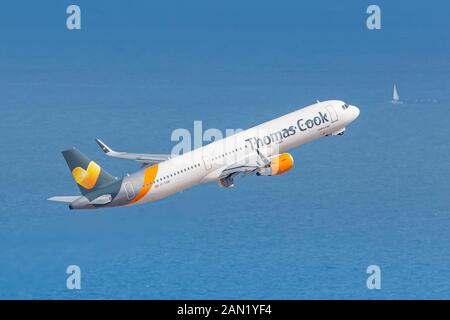 Palma de Mallorca, Spain - July 21, 2018: Thomas Cook Airbus A321 airplane at Palma de Mallorca airport (PMI) in Spain. Airbus is an aircraft manufact Stock Photo