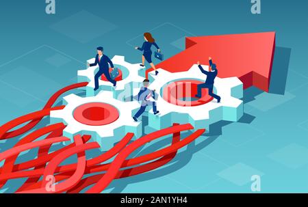 Isometric vector of tangled arrows processed by businesspeople orderly into a straight arrow. Business process management concept. Stock Vector
