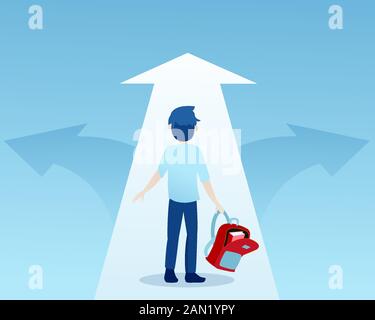 Vector of a young student at crossroads deciding which path to take in education Stock Vector