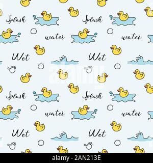 Bath fun background - seamless pattern with doodle rubber toy ducks. Stock Vector