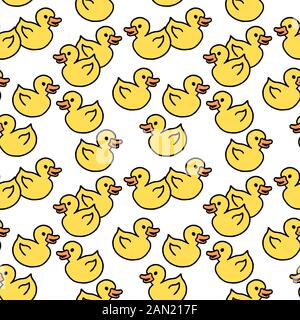 Yellow duckies bath toy. Doodle style seamless background. Stock Vector