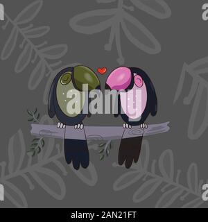 Color vector illustration of toucan birds on a branch for Valentine day, couples in love on the backgrounds. Stock Vector