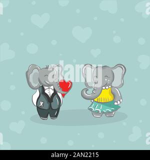 Color vector illustration of animal elephants for Valentine day, couples in love on the backgrounds. Stock Vector