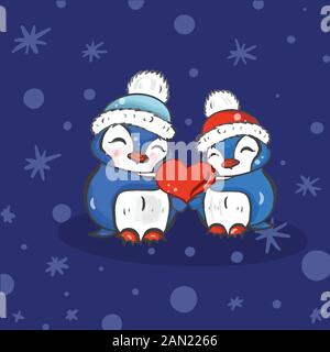 Color vector illustration of penguin birds in warm knitted hats for Valentine day, couples in love on the backgrounds. Stock Vector