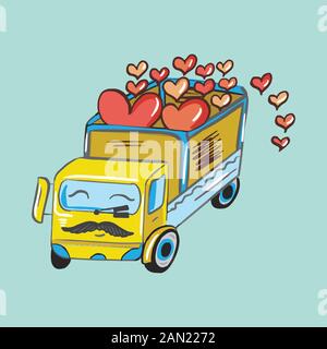 Color vector illustration of truck with hearts for Valentine day, couples in love on the backgrounds. Stock Vector