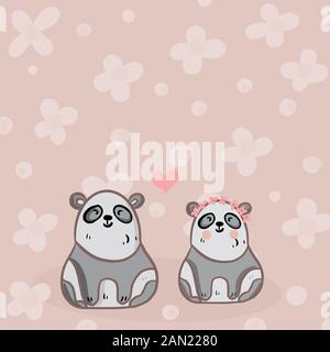 Color vector illustration of animal panda bears for Valentine day, couples in love on the backgrounds. Stock Vector