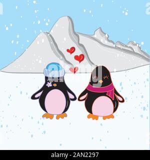 Color vector illustration of penguin birds for Valentine day, couples in love on the backgrounds. Stock Vector