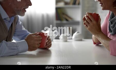 Elderly man and woman sitting at kitchen table, drinking tea, happy couple Stock Photo