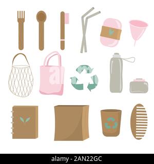 Reuse elements zero waste household items icon set vector graphic illustration Stock Vector