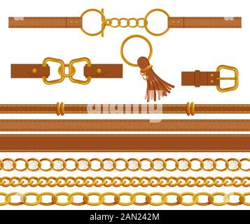 Set of gold chains and brown leather belts. Stock Vector