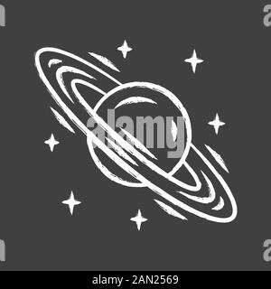 Saturn chalk icon. Planet with rings. Sixth planet from Sun. Gas giant. Planetary science. Solar system. Space exploration. Celestial object. Isolated Stock Vector