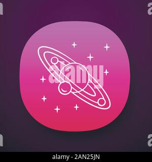 Solar system app icon. Celestial bodies orbiting star. Sun planetary system. Planet and three satellites. Astronomy. UI/UX user interface. Web or mobi Stock Vector
