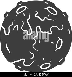 Moon glyph icon. Earth satellite. Fantastic planet with volcanoes. Spherical space object. Solar system body. Astronomical observations. Silhouette sy Stock Vector