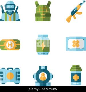 Online game inventory flat design long shadow color icons set. Esports, cybersports. Soldier, body armor, weapon. First aid kit, energy drink, bandage Stock Vector