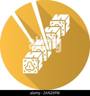 Sushi set with chopsticks flat design long shadow glyph icon. Traditional japanese food, seafood. Asian cuisine. Restaurant, cafe menu. Spring rolls, Stock Vector
