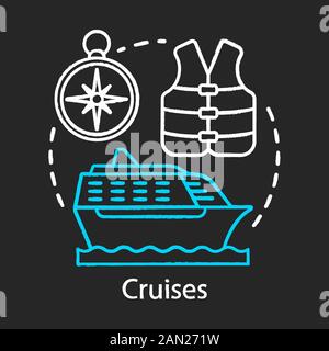 Cruises chalk icon. Voyage, travelling by sea idea. Ship on the ocean. Swim vest and compass. Cruise liner, summer vacation. Water transport. Isolated Stock Vector