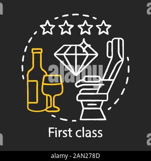 First class chalk icon. Passenger seat. Aircraft travel class seating. Business trip. Comfort, vip. Glass of champagne. Luxury airplane interior. Isol Stock Vector
