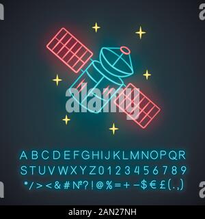 Satellite neon light icon. Sputnik. Artificial object in orbit. Space probe. Space telescope. GPS navigation. Glowing sign with alphabet, numbers and Stock Vector