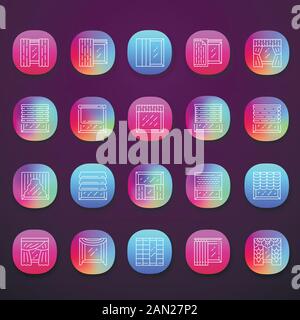 Window treatments and curtains app icons set. Roman shades, blinds, panel, shutters. Interior design, home decor shop. UI/UX user interface. Web or mo Stock Vector