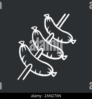 Sausages grilling on skewer chalk icon. Butcher shop meat food products. Unhealthy nutrition, fast food. Cafe, snack bar menu. Meat cookery. BBQ, stre Stock Vector