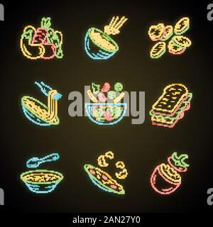 Restaurant menu dishes neon light icons set. Salads, soup, main dishes. Rice, grilled vegetables, omelette, pasta, sandwich. Nutritious food. Glowing Stock Vector
