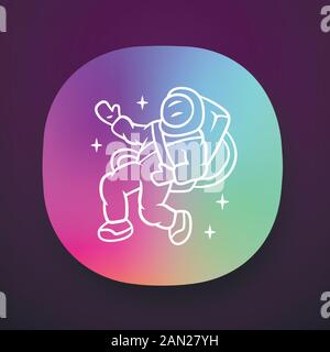 Astronaut app icon. Spaceman. Space explorer. Cosmonaut in outer space. Crew member of spacecraft. Man in space suit. UI/UX user interface. Web or mob Stock Vector