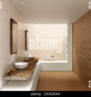 White Bathroom With Wooden Countertop Basin Cabinet Mirror And