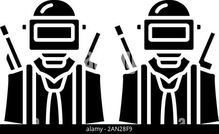 Game soldiers glyph icon. Virtual video game, esports team. Shooter from first person. Online multiplayer. Warriors, players with guns in helmet. Silh Stock Vector