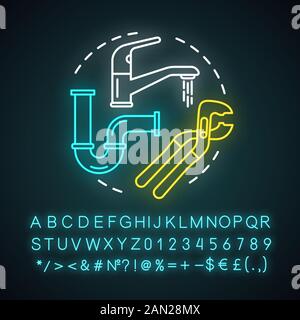 Plumbing service neon light concept icon. Home service idea. Water taps, faucets repair. Bathroom maintenance. Leaking pipes fix. Glowing sign with al Stock Vector