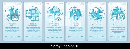 Home services onboarding mobile app page screen vector template. Walkthrough website steps with linear illustrations. Cleaning, handyman service. UX, Stock Vector
